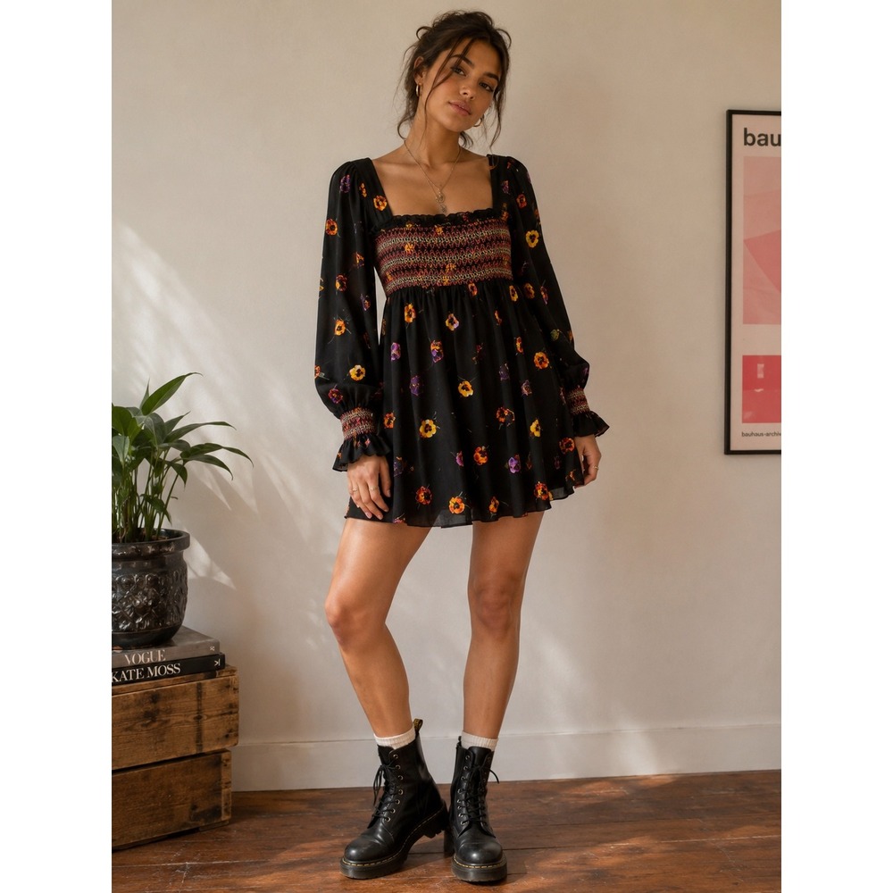 Urban Outfitters Isabel Pansies Smocked Tunic Mini Dress Black S‎ Boho Prairie